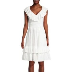 🌺CALVIN KLEIN WHITE RUFFLE V-NECK MIDI DRESS SIZE 12🌺